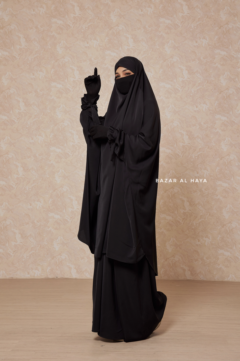 Black Jahida Two Piece Jilbab With Loose Pants Set - Skirt-Style Shalwar