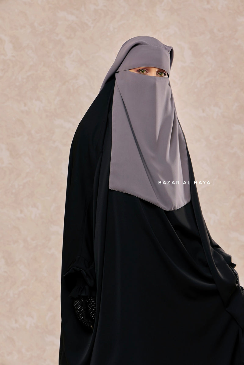 Grey Two Layer Flap Niqab - Premium Wool Chiffon - Medium