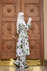 Inaya Green & White Print Three Piece Top Dress & Wide Pants Set With Belt