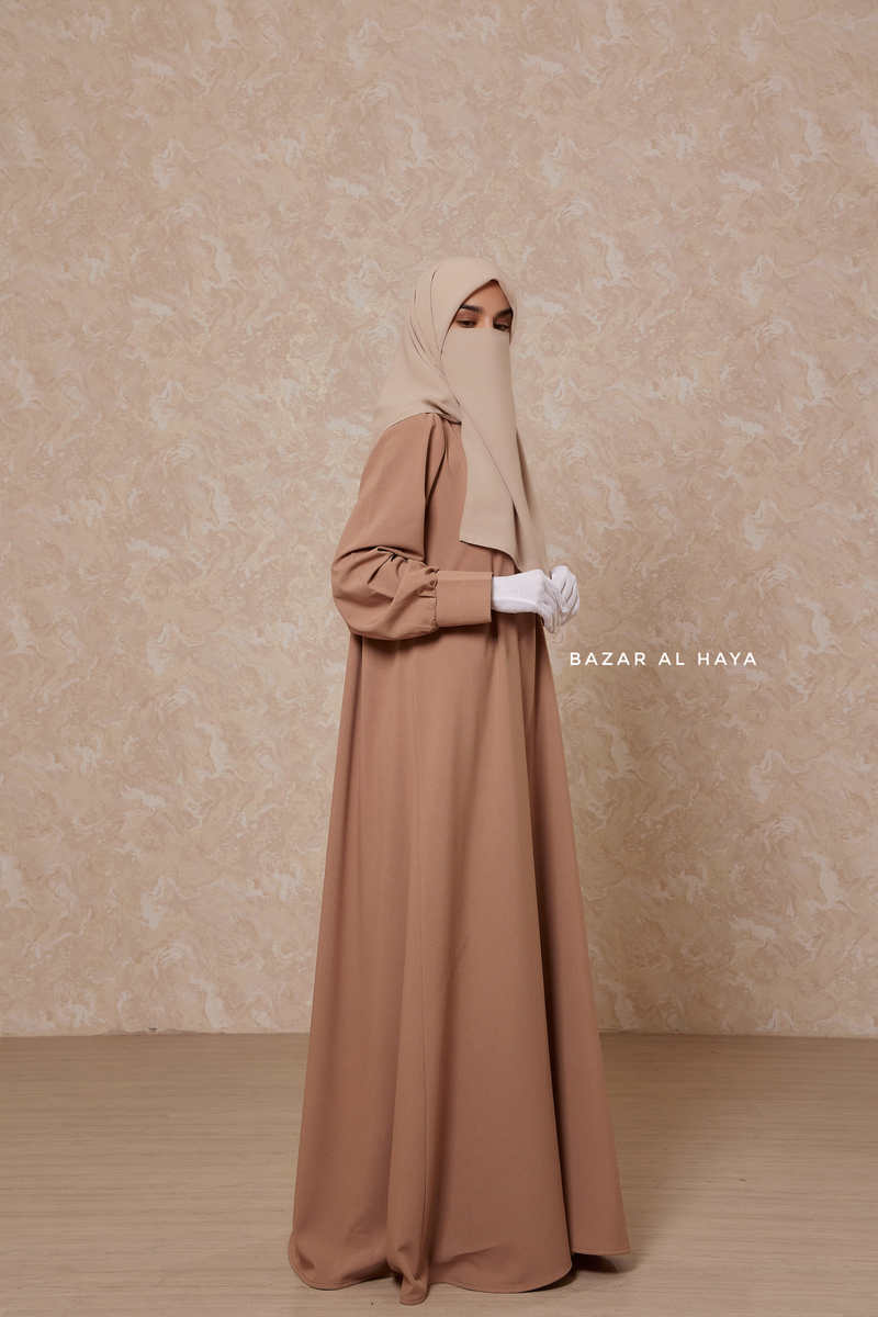 Rania Sepia Tan Abaya Dress Half-Placket Button Front & Sleeve - Mediumweight Soft Crepe Cotton