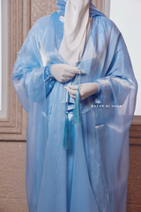 Humaira 3 Piece Abaya Set In Blue Organza Luxurious Kaftan With Inner Dress Scarf