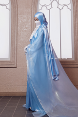 Humaira 3 Piece Abaya Set In Blue Organza Luxurious Kaftan With Inner Dress Scarf