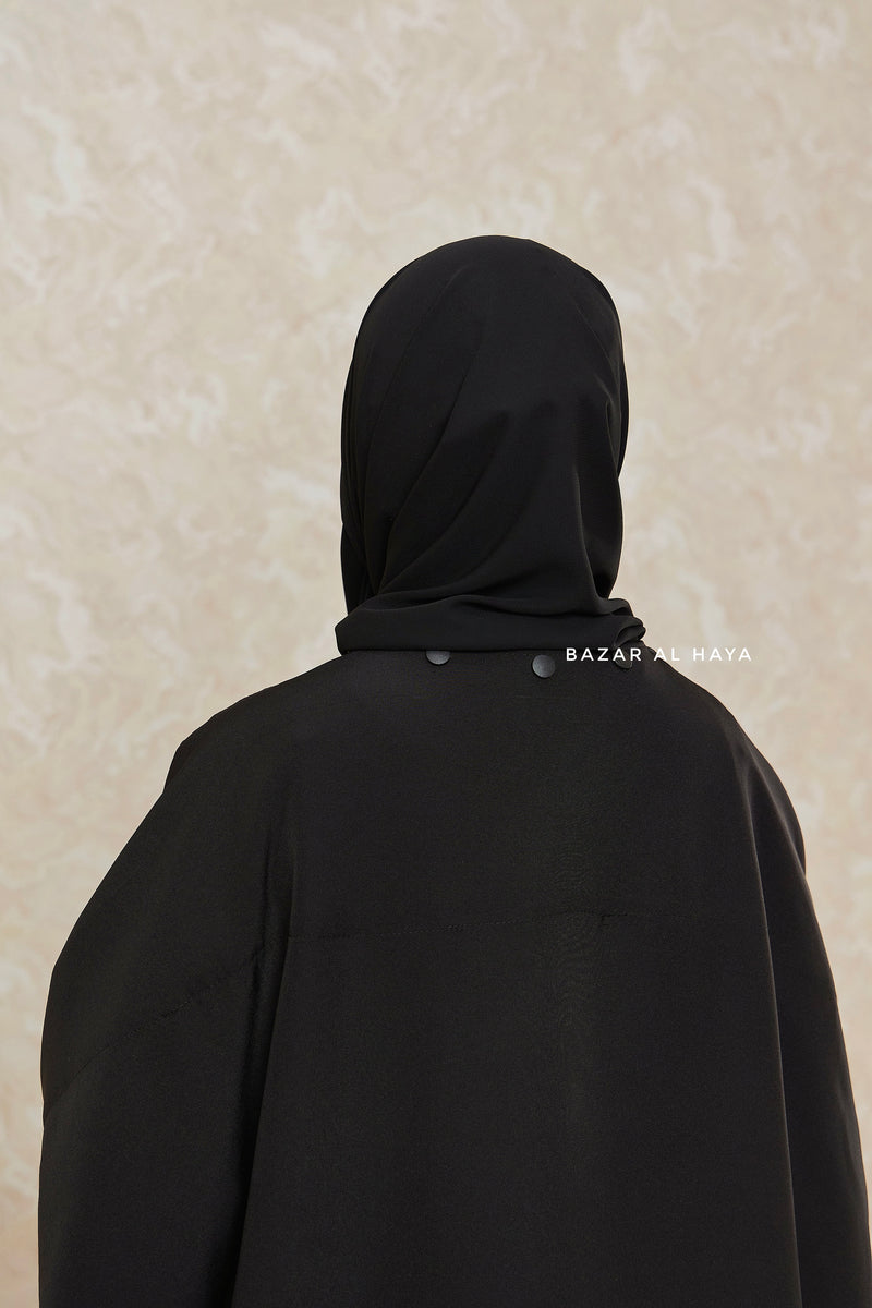 Black Falak Classic Loose Fit Abaya Coat With Scarf - Pockets & Zippers