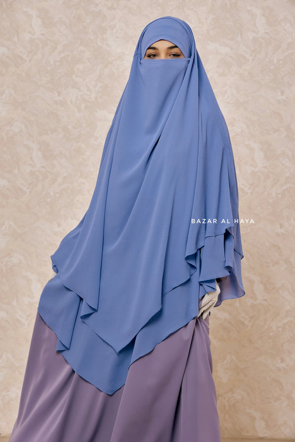 Pari Slate Blue Two Layered Maxi Diamond Khimar - Crepe Chiffon