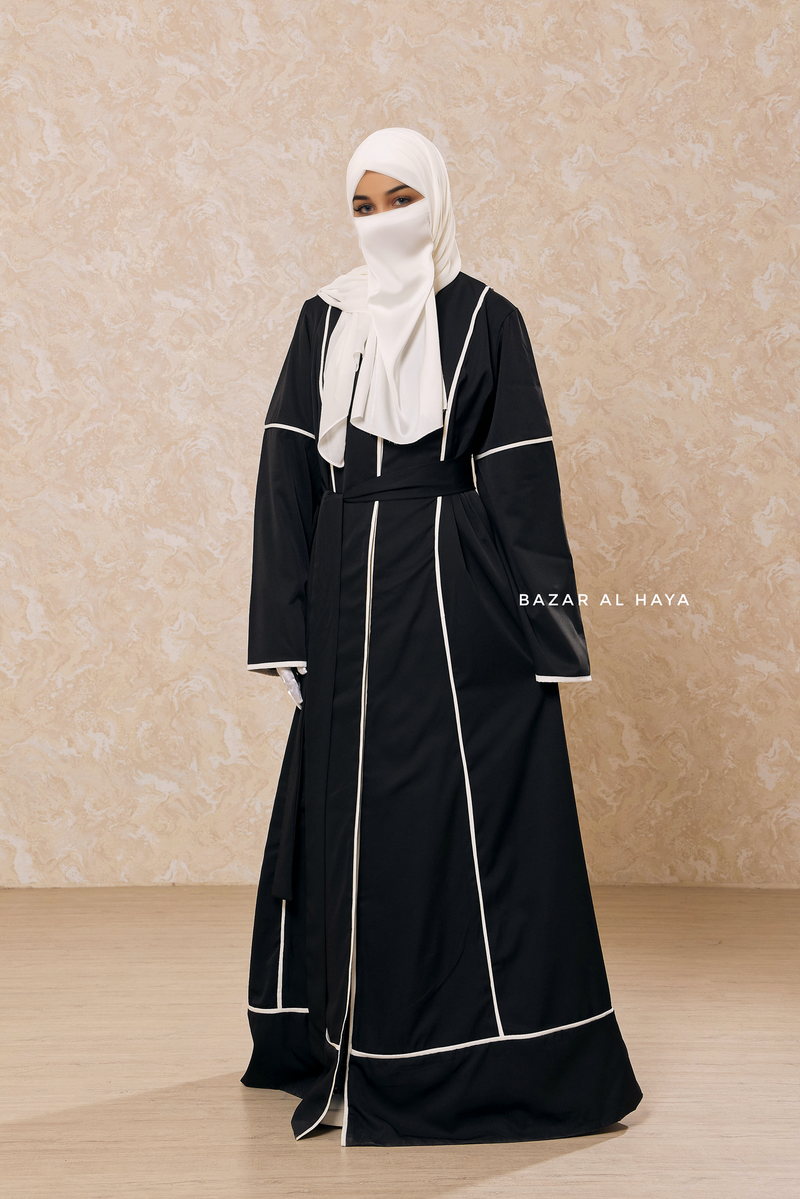 Black Fazeela Open Front Abaya In Classic Design - Premium Silk Crepe