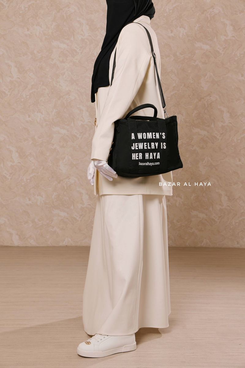 “A Women’s Jewelry Is Her Haya” Black Cotton Tote Bag