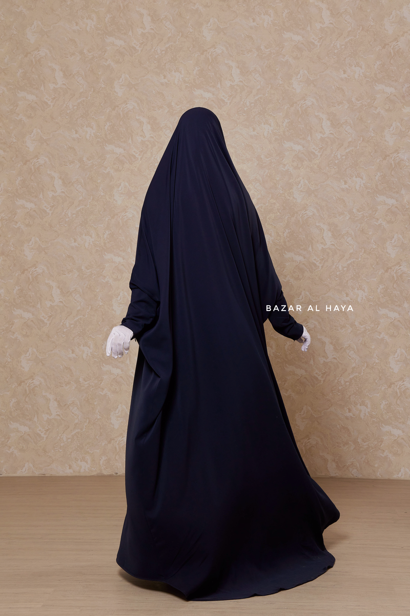 Dark Blue Sarah One Piece Jilbab - Zipper Sleeves - Silk Crepe