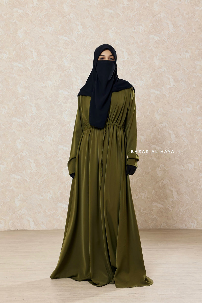 Olive Salam 3 Adjustable Belted Abaya Dress - Front Zipper & Zipper Sleeves - Nida Olive Salam 3 Adjustable Belted Abaya Dress - Front Zipper & Zipper Sleeves - Nida