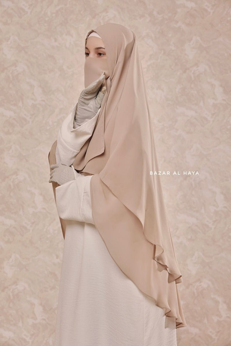 Creme Beige Two Layered Snap Scarf, Khimar, Cape - Super Soft - 3 in 1