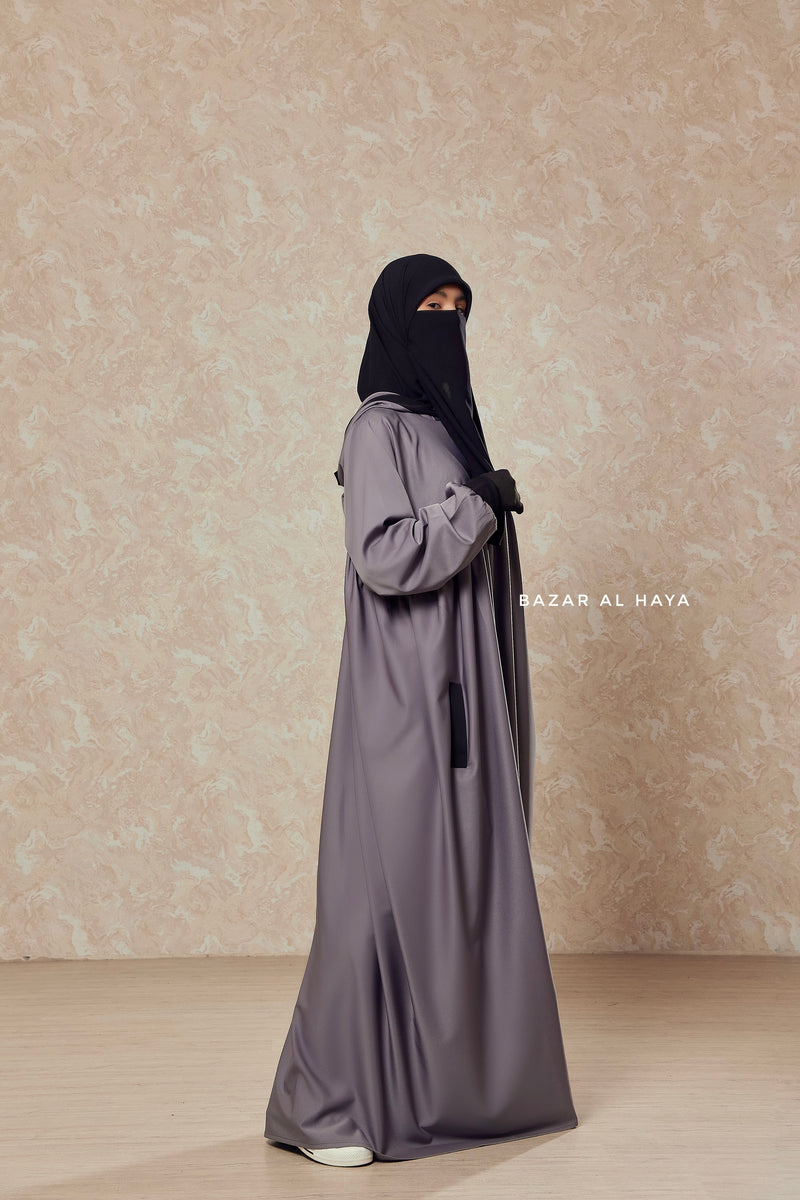 Kalina Steel Grey Hooded Abaya Dress With Pockets - Mediumweight Silk Crepe