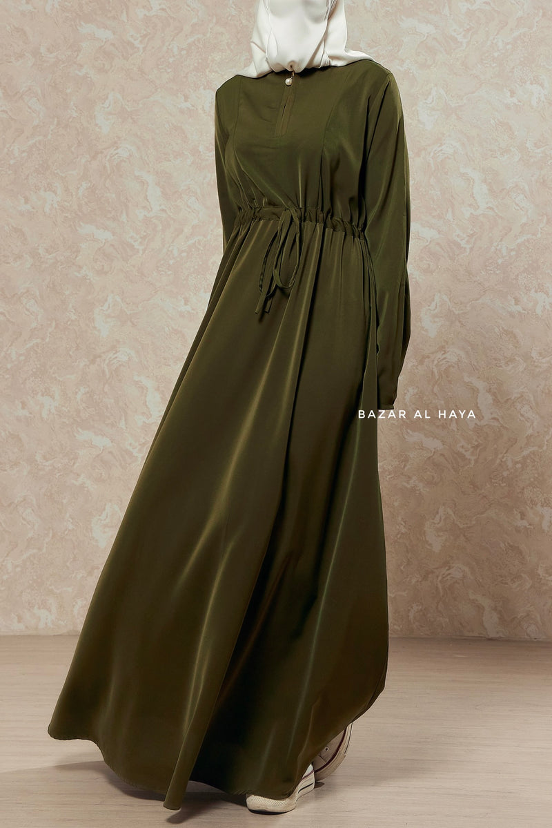 Salam 3 Olive Belted Abaya Dress - Front Zipper & Zipper Sleeves - Nida