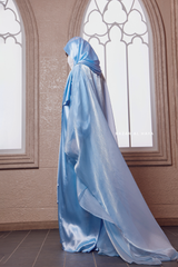 Humaira 3 Piece Abaya Set In Blue Organza Luxurious Kaftan With Inner Dress Scarf