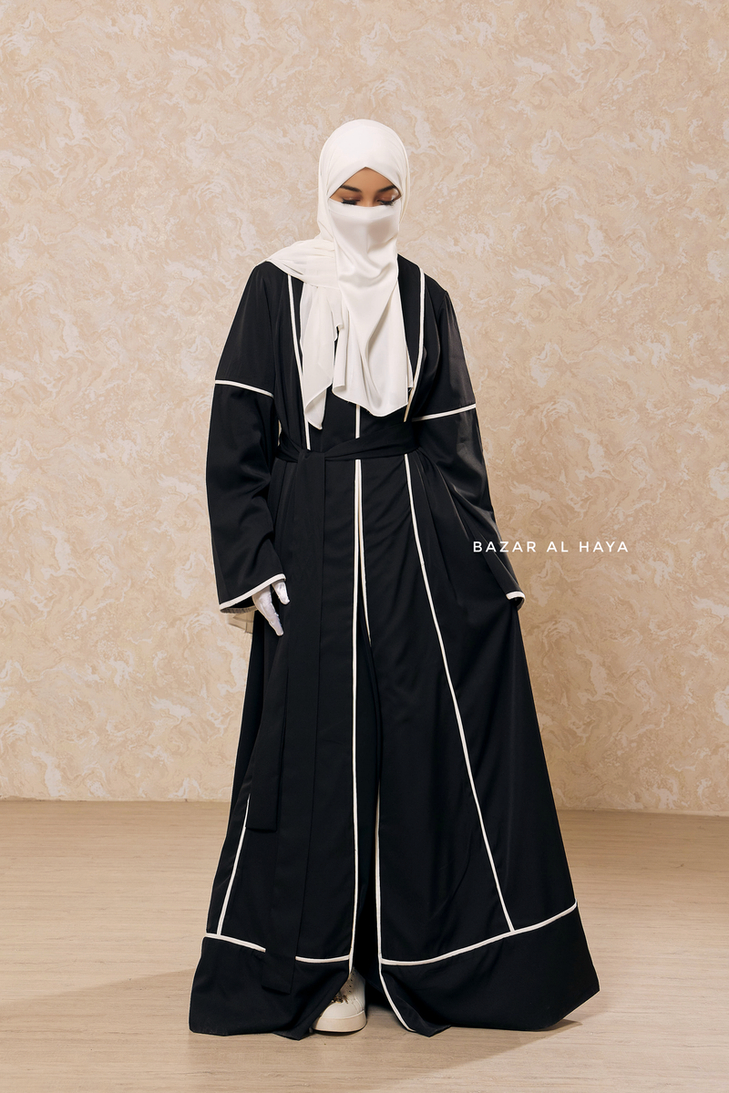 Black Fazeela Open Front Abaya In Classic Design - Premium Silk Crepe