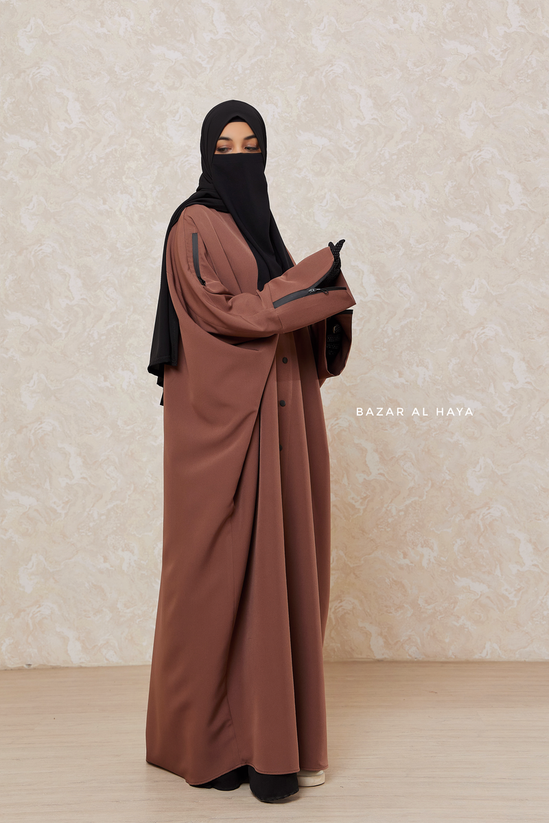 Brown Falak Classic Loose Fit Abaya Coat With Scarf - Pockets & Zippers