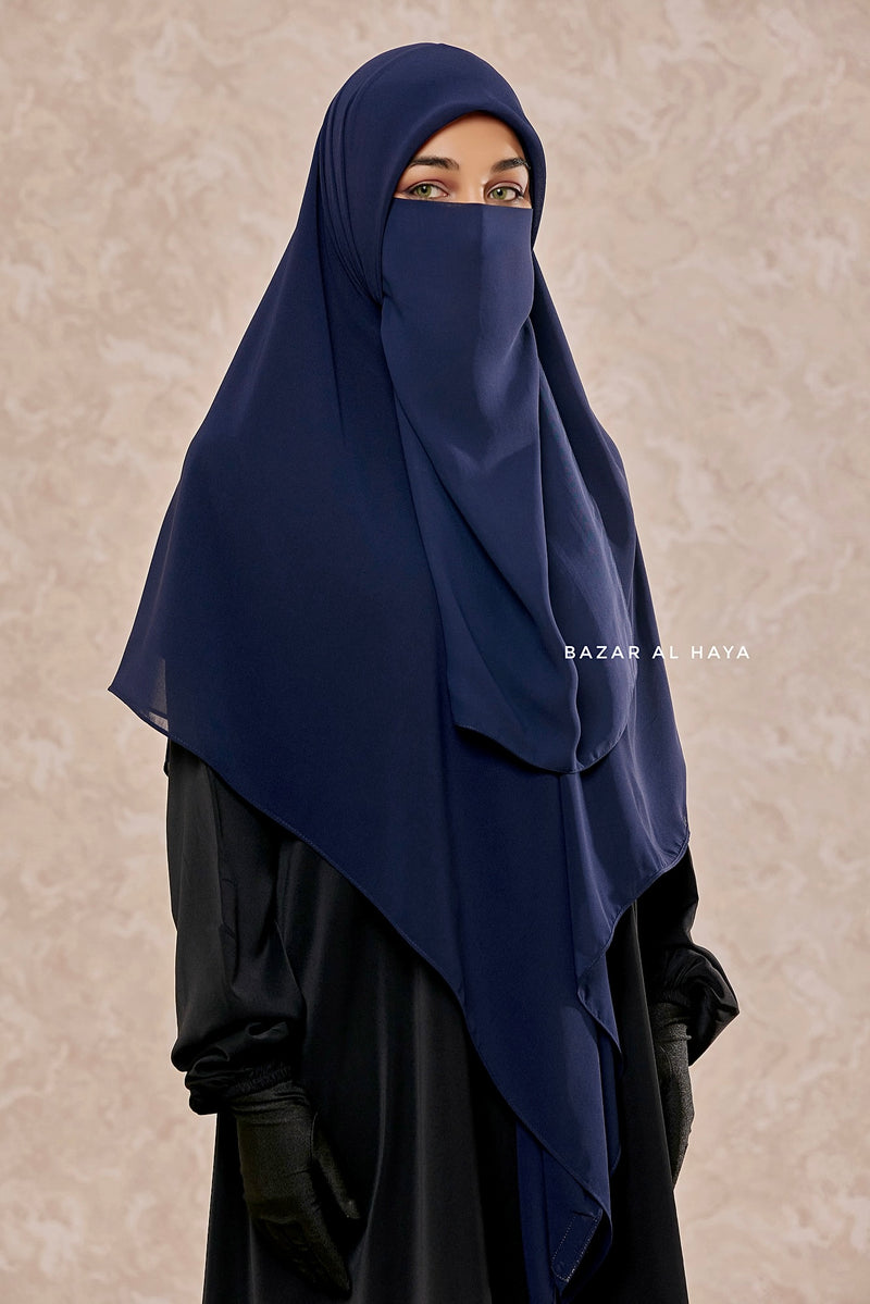 Square Scarf With Half Niqab Set In Dark Blue - Super Breathable - Quality