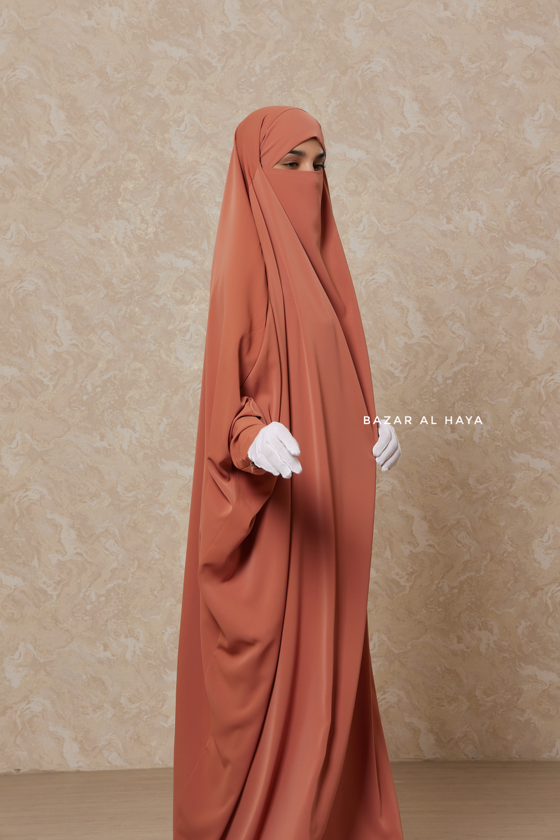 Peach Sarah One Piece Jilbab - Zipper Sleeves - Silk Crepe