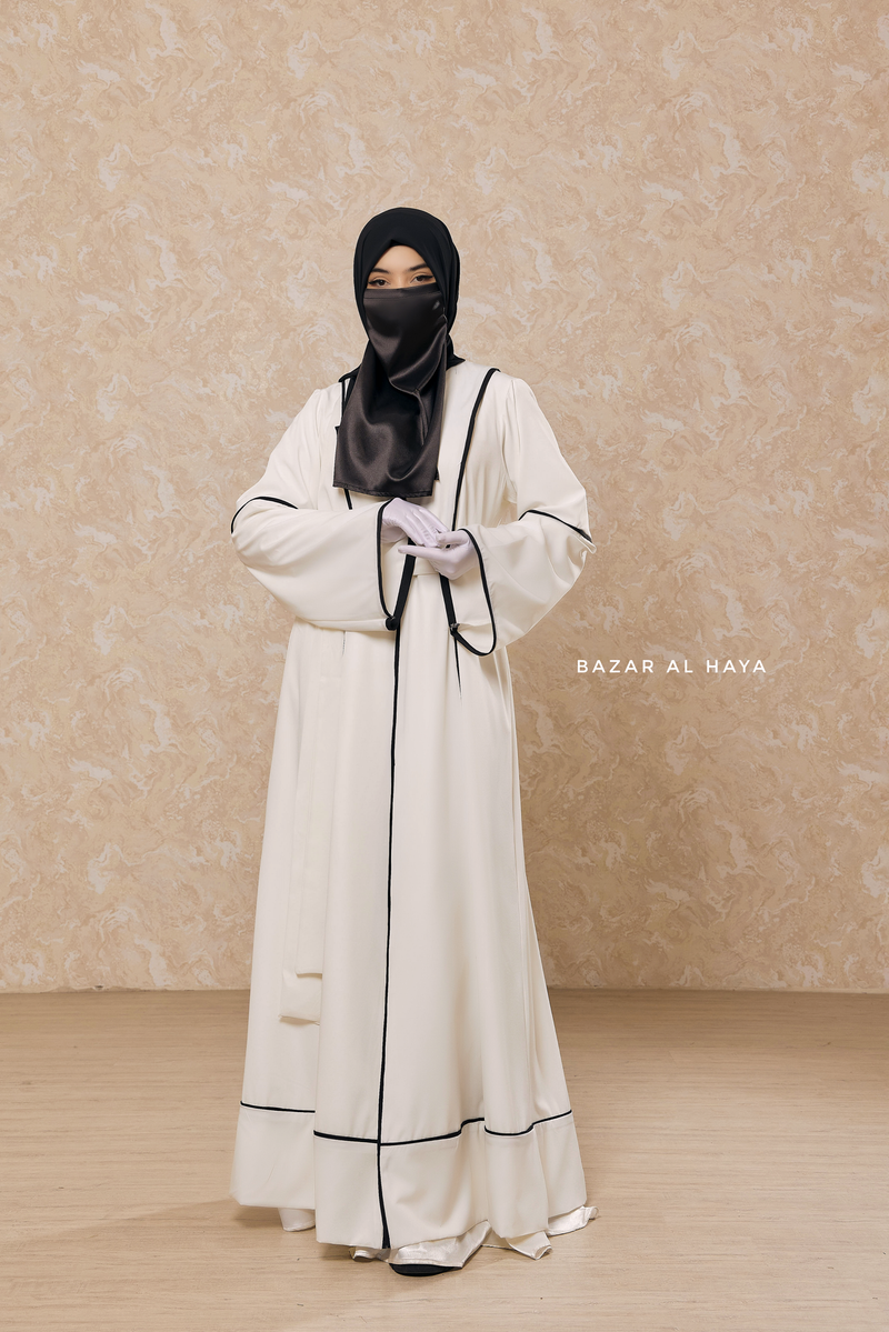 White Fazeela Open Front Abaya In Classic Design - Premium Silk Crepe