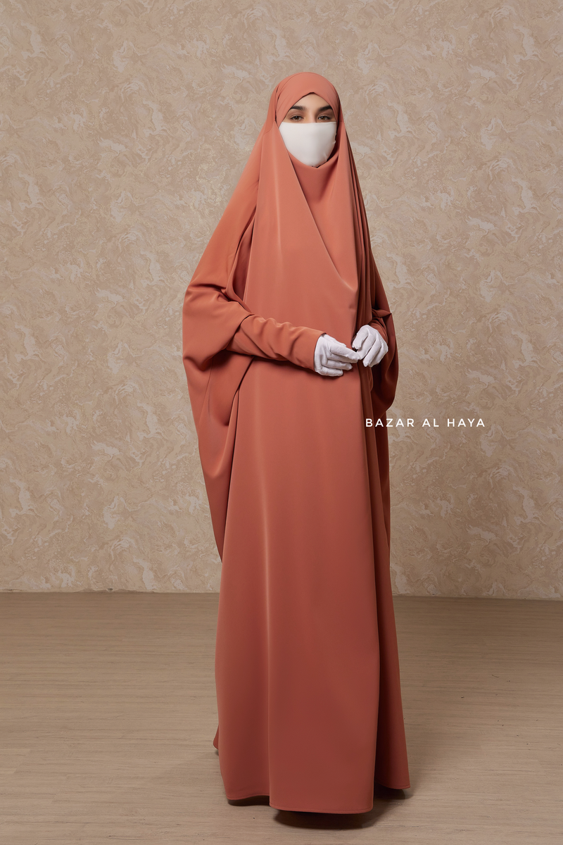 Peach Sarah One Piece Jilbab - Zipper Sleeves - Silk Crepe