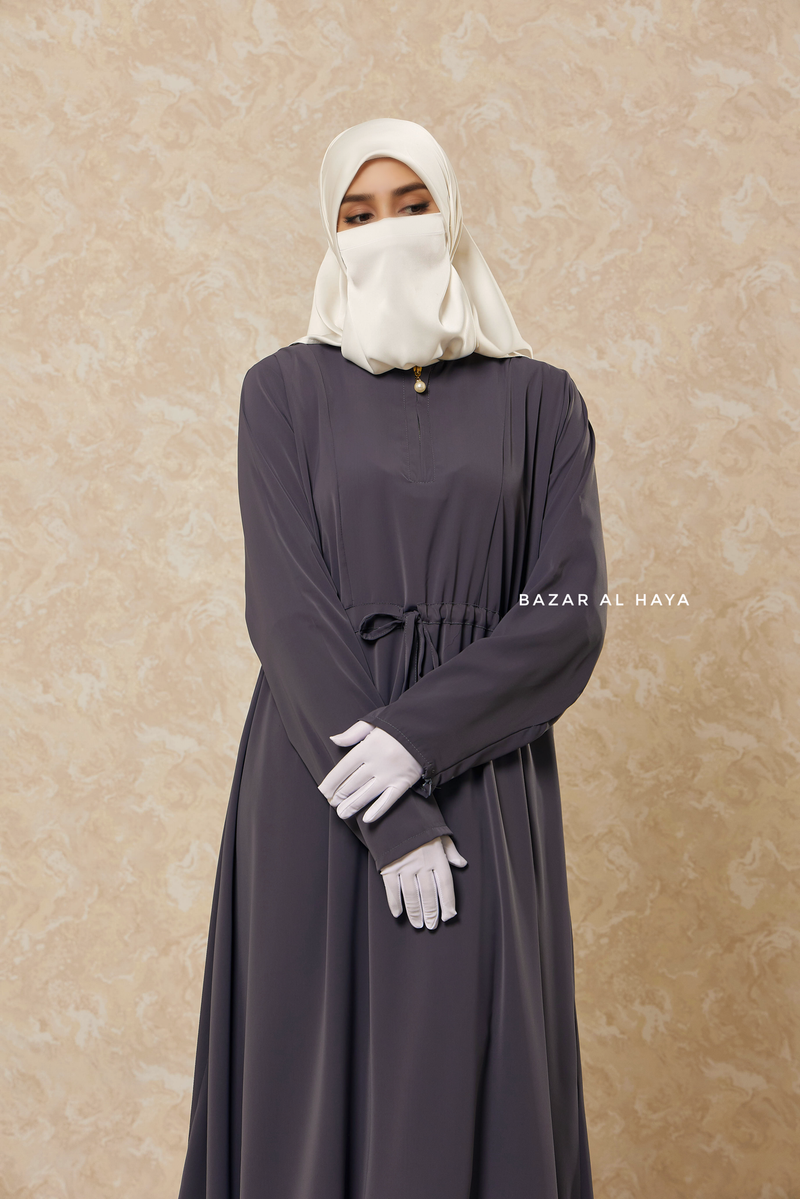 Steel Grey Salam 3 Belted Abaya Dress - Front Zipper & Zipper Sleeves - Nida