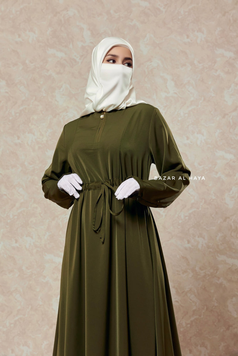 Salam 3 Olive Belted Abaya Dress - Front Zipper & Zipper Sleeves - Nida