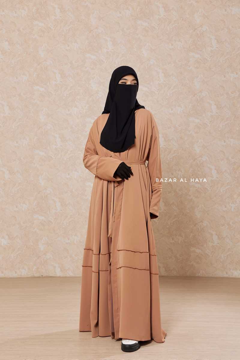 Latte Fathiya Open Front Abaya In Nida - Relaxed Fit