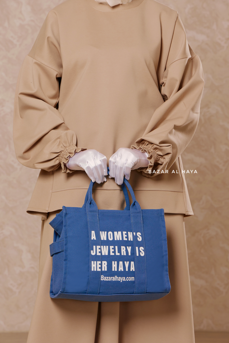 “A Women’s Jewelry Is Her Haya” Blue Cotton Tote Bag