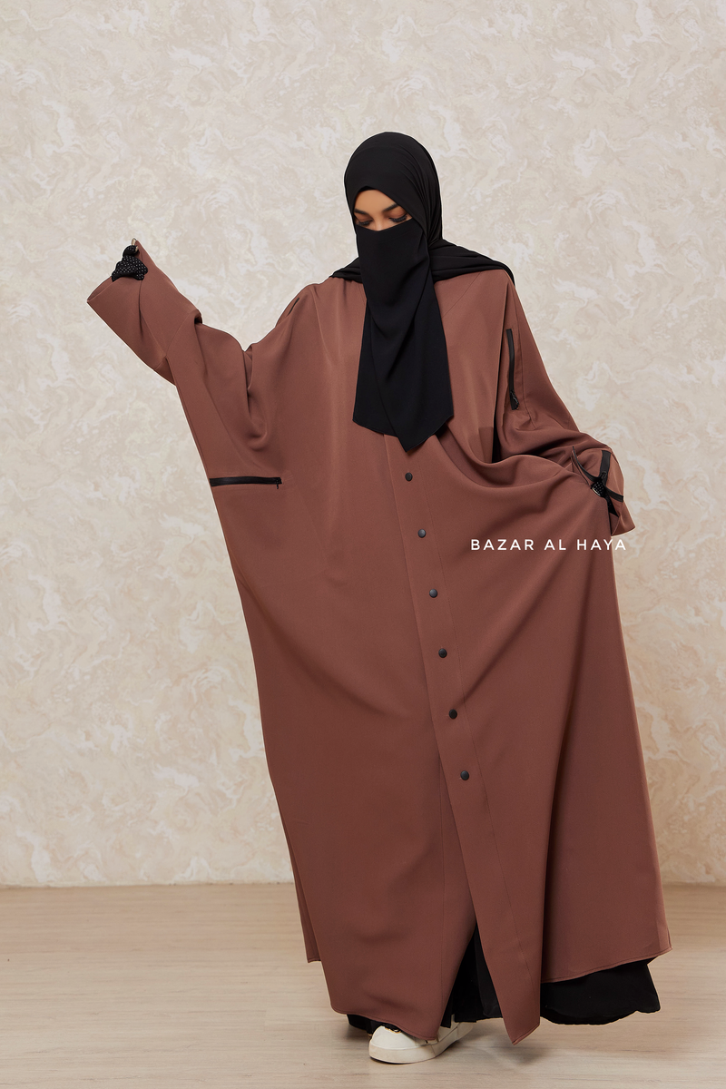 Brown Falak Classic Loose Fit Abaya Coat With Scarf - Pockets & Zippers