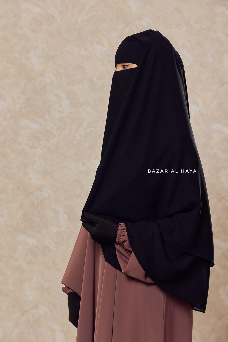 Black Two Layer Niqab - Premium Wool Chiffon - Medium