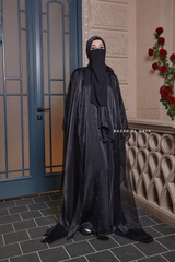 Humaira 3 Piece Abaya Set In Black Organza Luxurious Kaftan With Inner Dress Scarf