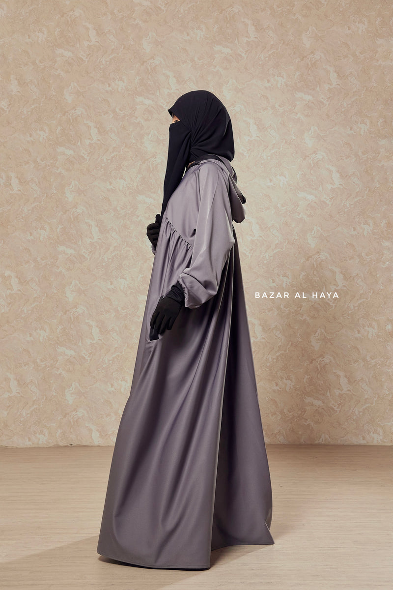 Kalina Steel Grey Hooded Abaya Dress With Pockets Mediumweight Silk Crepe