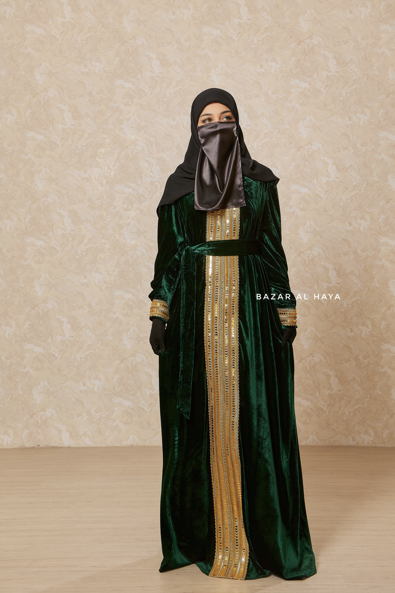 Emerald Green Irfah Luxurious Plush Pombarch Kaftan - Abaya Dress With Belt