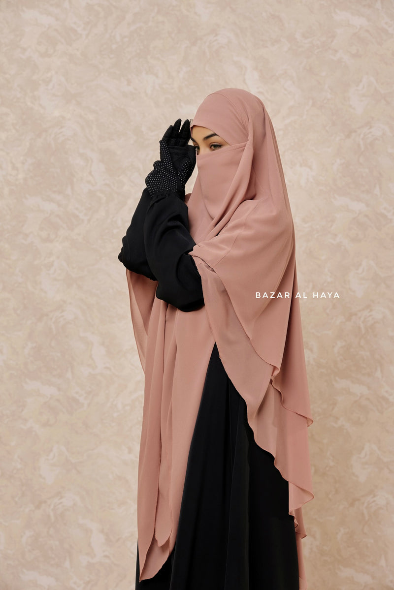 Taupe Rose Pari Two Layered Maxi Diamond Khimar - Crepe Chiffon