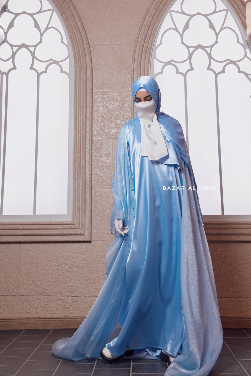 Humaira 3 Piece Abaya Set In Blue Organza Luxurious Kaftan With Inner Dress Scarf M Humaira 3 Piece Abaya Set In Blue Organza Luxurious Kaftan With Inner Dress Scarf M