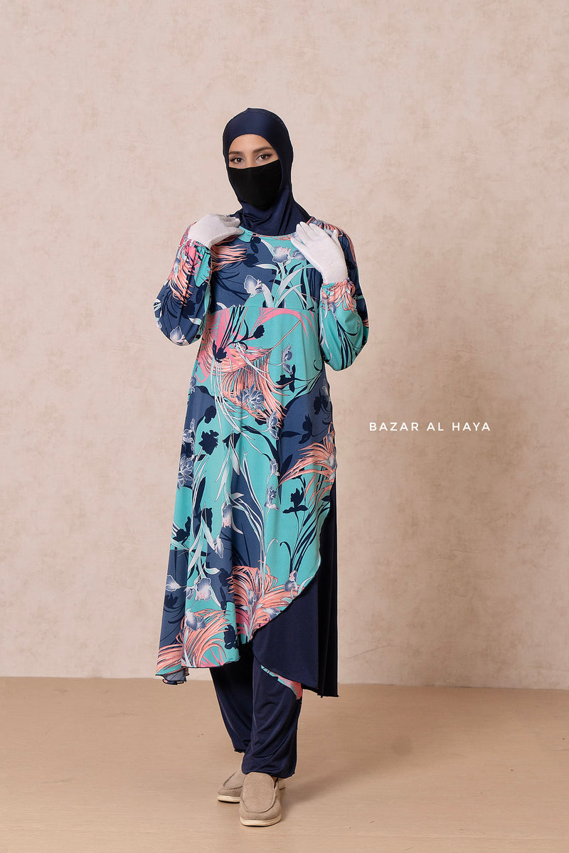 Floral Print Modest Swimwear Three Piece Set - Swimdress, Khimar, & Pants - The Comfort