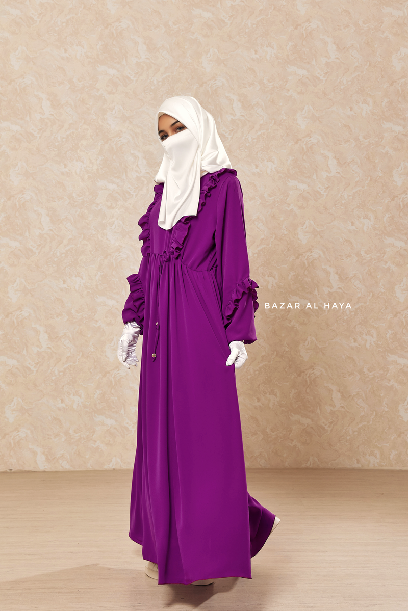 Afsah Bright Purple 3-D Ruffles Lightweight Abaya Dress - Soft Breathable Crepe Cotton