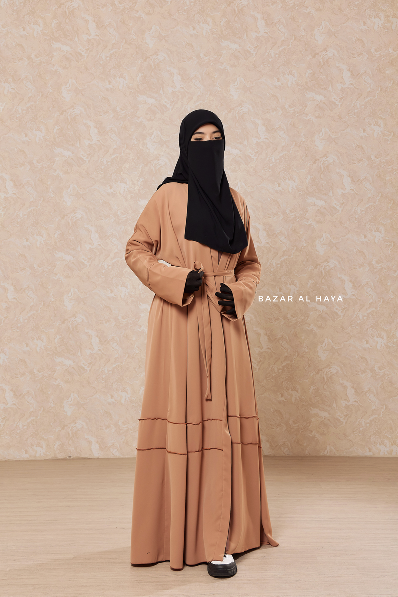 Latte Fathiya Open Front Abaya In Nida - Relaxed Fit