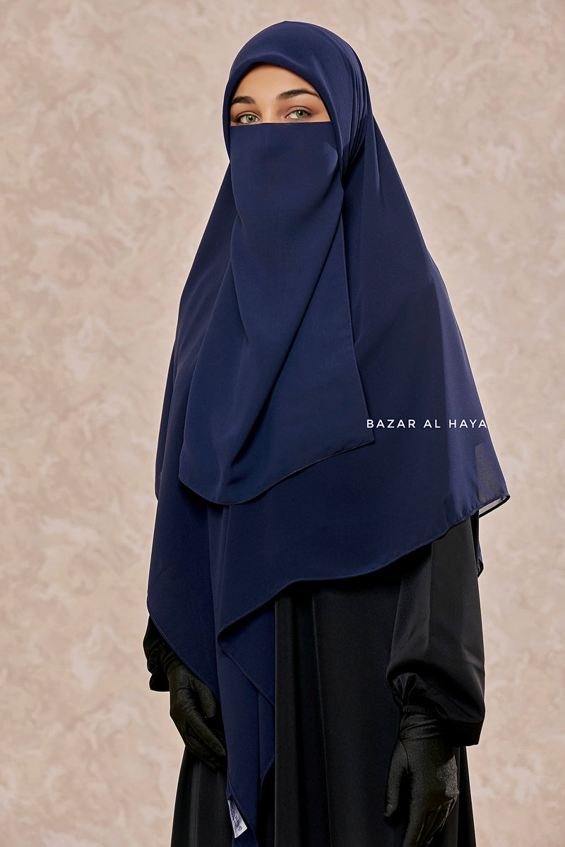 Square Scarf With Half Niqab Set In Dark Blue - Super Breathable - Quality