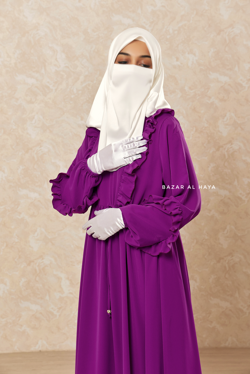 Afsah Bright Purple 3-D Ruffles Lightweight Abaya Dress - Soft Breathable Crepe Cotton