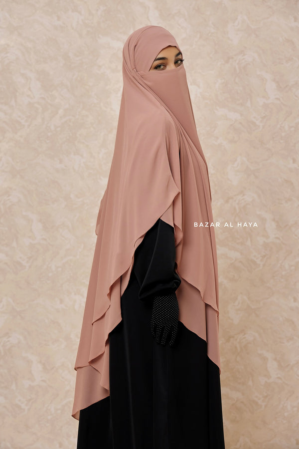 Taupe Rose Pari Two Layered Maxi Diamond Khimar - Crepe Chiffon