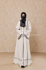 White Fazeela Open Front Abaya In Classic Design - Premium Silk Crepe