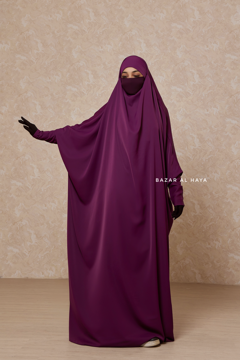 Purple Sarah One Piece Jilbab - Zipper Sleeves - Silk Crepe