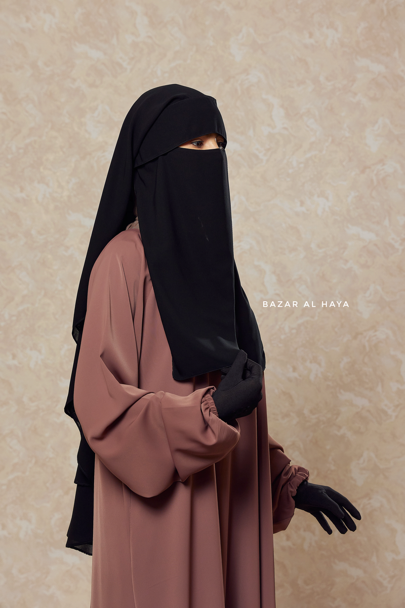 Black Two Layer Flap Niqab - Premium Wool Chiffon - Medium