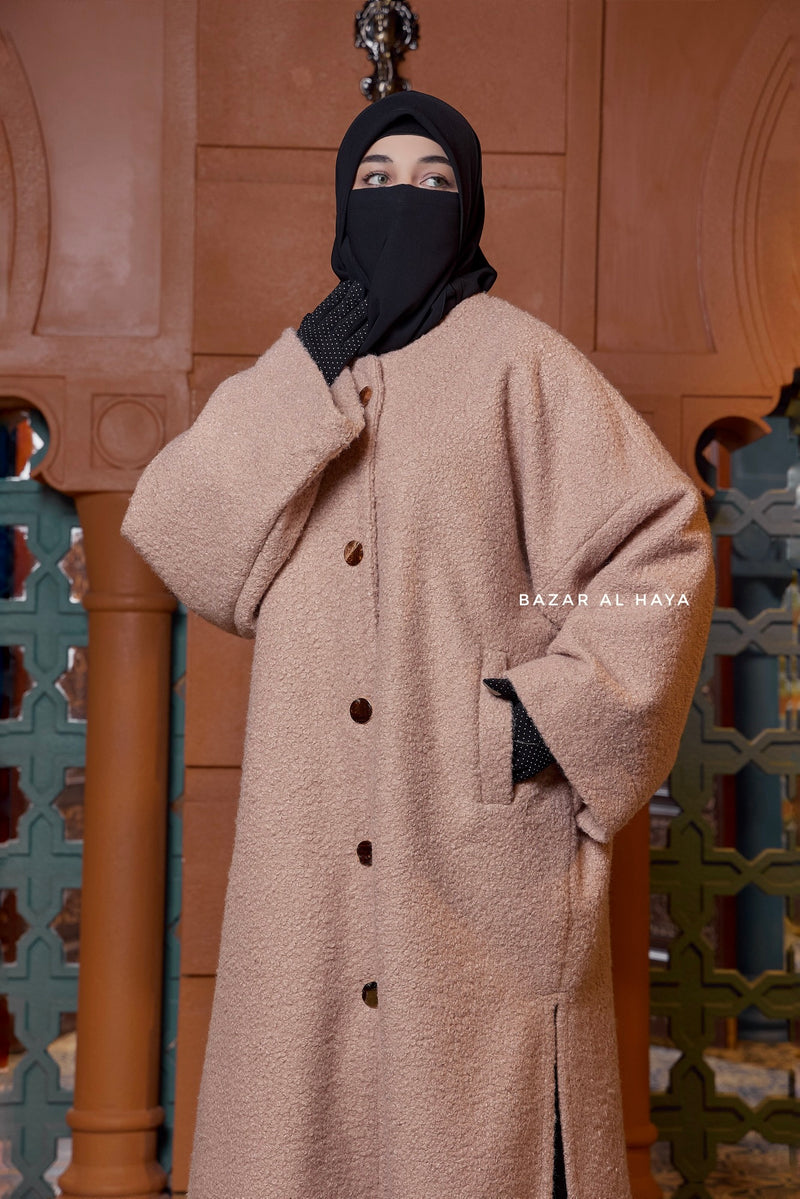Pink Beige Damla Loose Warm Coat - Premium Teddy Wool