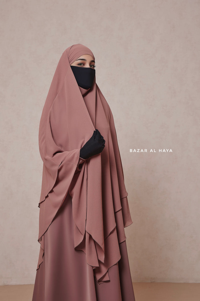 Taupe Rose Pari Layered Khimar & Salam 2 Abaya Set