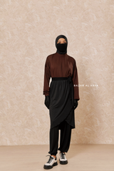 Black Brown Modest Swimwear 4 Piece Swimdress, Khimar, Apron & Pants - Comfort Swimsuit