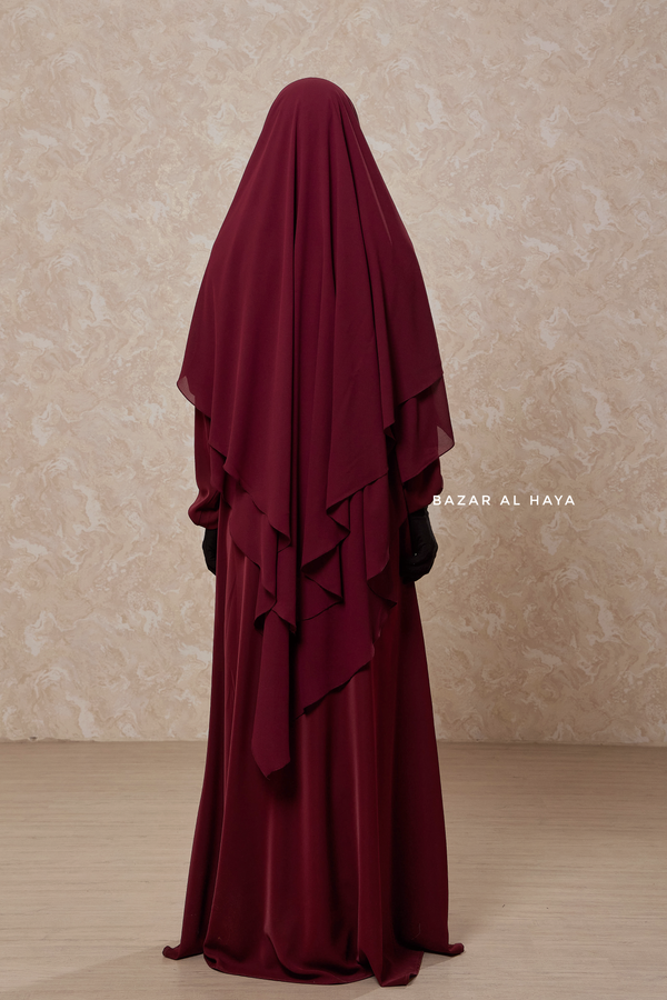 Maroon Pari Layered Khimar & Salam 2 Abaya Two Piece Set