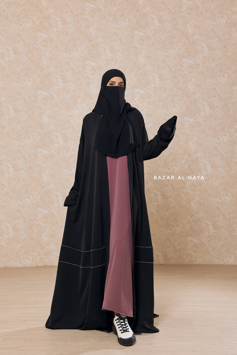 Black Fathiya Open Front Abaya In Nida - Relaxed Fit