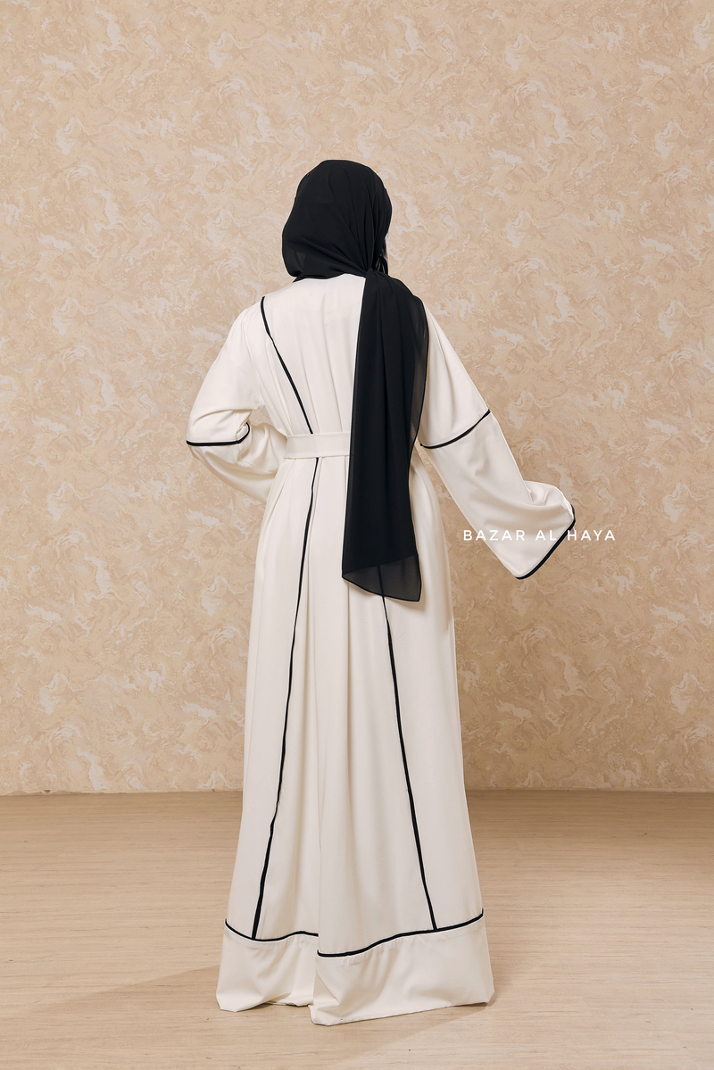 White Fazeela Open Front Abaya In Classic Design - Premium Silk Crepe