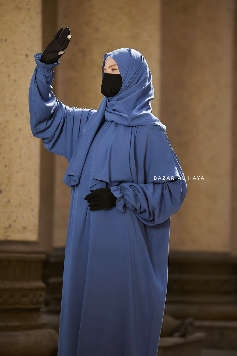 Prayer / Salah Dress One Piece Jilbab Blue 100% Cotton - Super Breathable Comfy Style