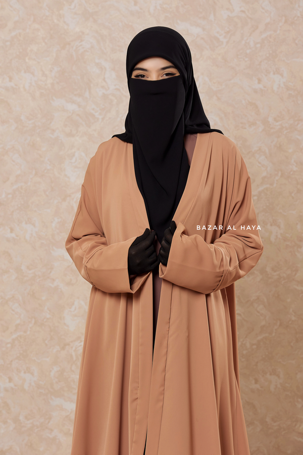 Latte Fathiya Open Front Abaya In Nida - Relaxed Fit